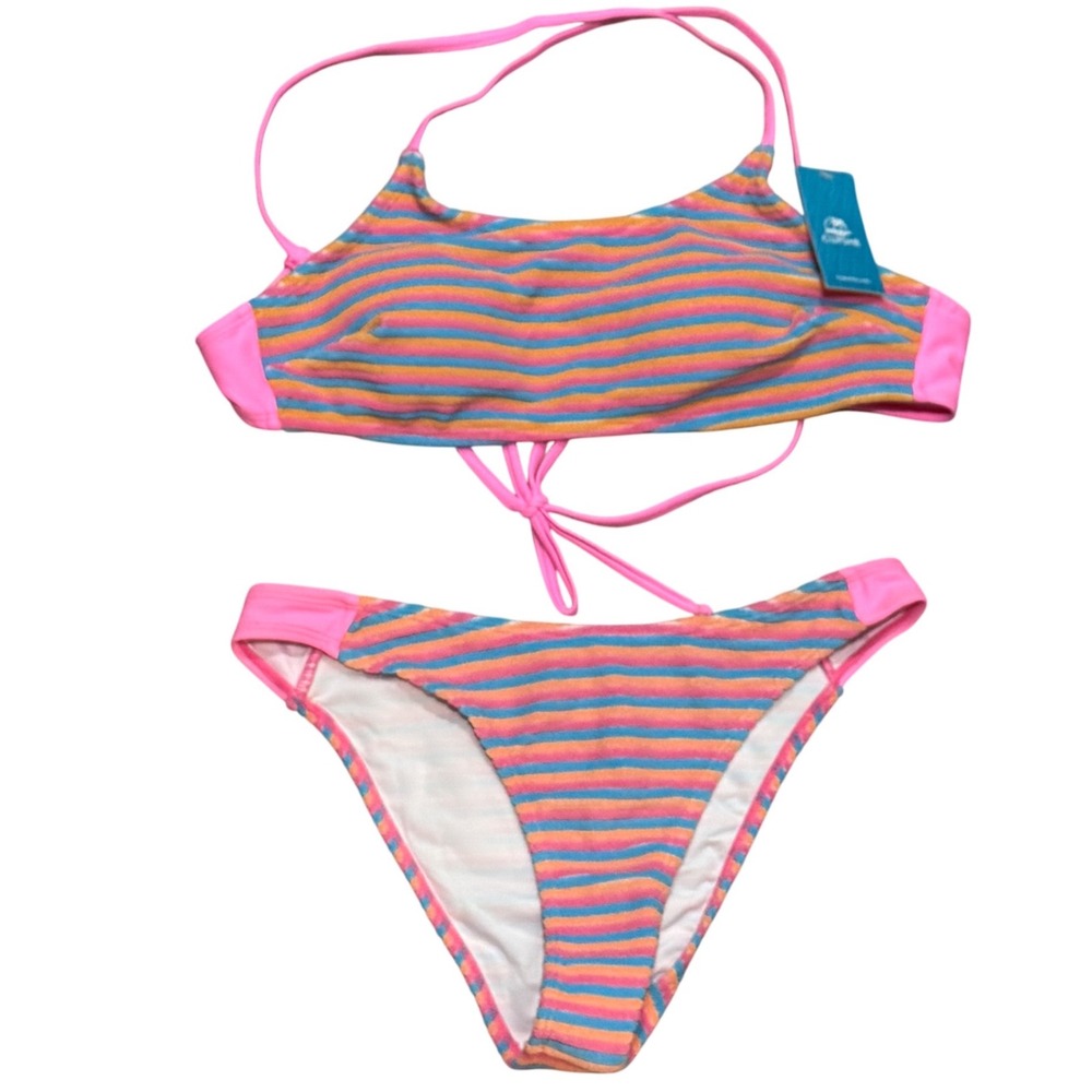 Cupshe Bikini Set Womens Small Pink Blue Orange New Striped Terry Cloth Swimsuit